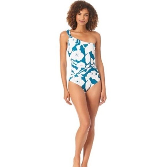 ANNE COLE Asymmetric Floral-Print One-Piece Swimsuit swimwear New TEPT size 10 - Picture 9 of 16